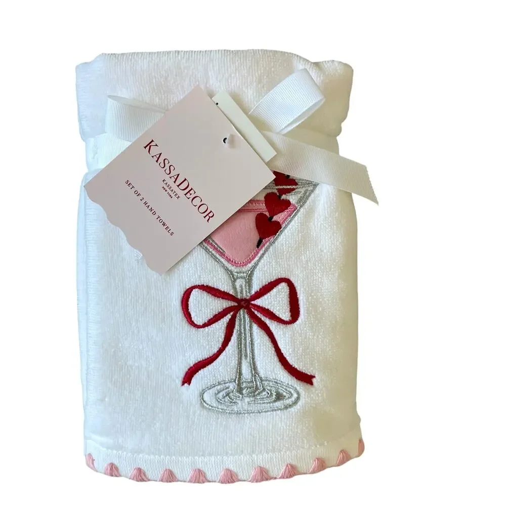 Kassadecor Pink Martini Valentine Hand Towels 18x28 Cotton Set of 2 Red Bow NEW